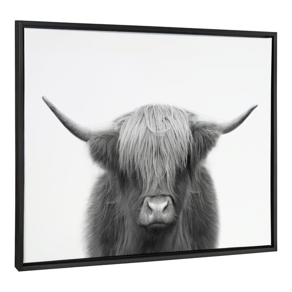 Kate and Laurel Sylvie Hey Dude Highland Cow BW Framed Canvas Wall Art by The Creative Bunch Studio, 28x38 Black, Decorative Farmhouse Animal Art for Wall