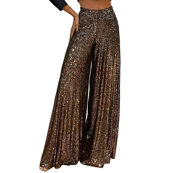 UJNDER Women's Casual Wide Leg Pants with Sequin Details Pocket Zipper Loose Comfortable Trousers Brown XXL
