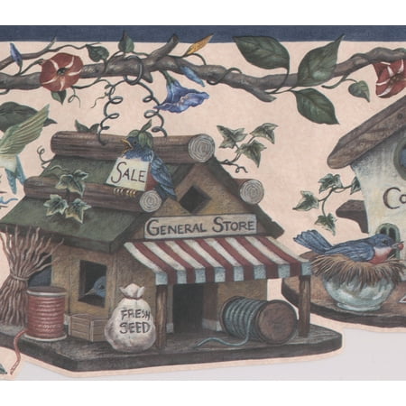 - Birds Birdhouses Fantasy Wallpaper Border Retro Design, Roll 15' x 9''