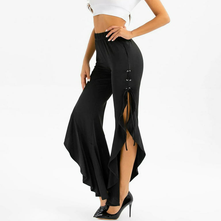 JWZUY Womens Design Trouser Elastic Waist Ankle Pants Side Lace Up Ruffle  Flare Pant Dance Pants Split Design Pant Black S 