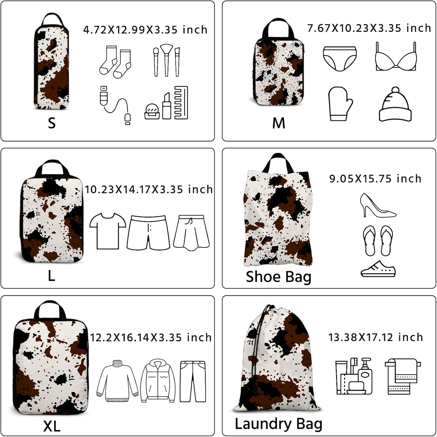 6 Pcs Compression Packing Cubes Waterproof Suitcase Travel Bag Luggage Backpack Organizer Travel Cubes for Packing-Cow Print
