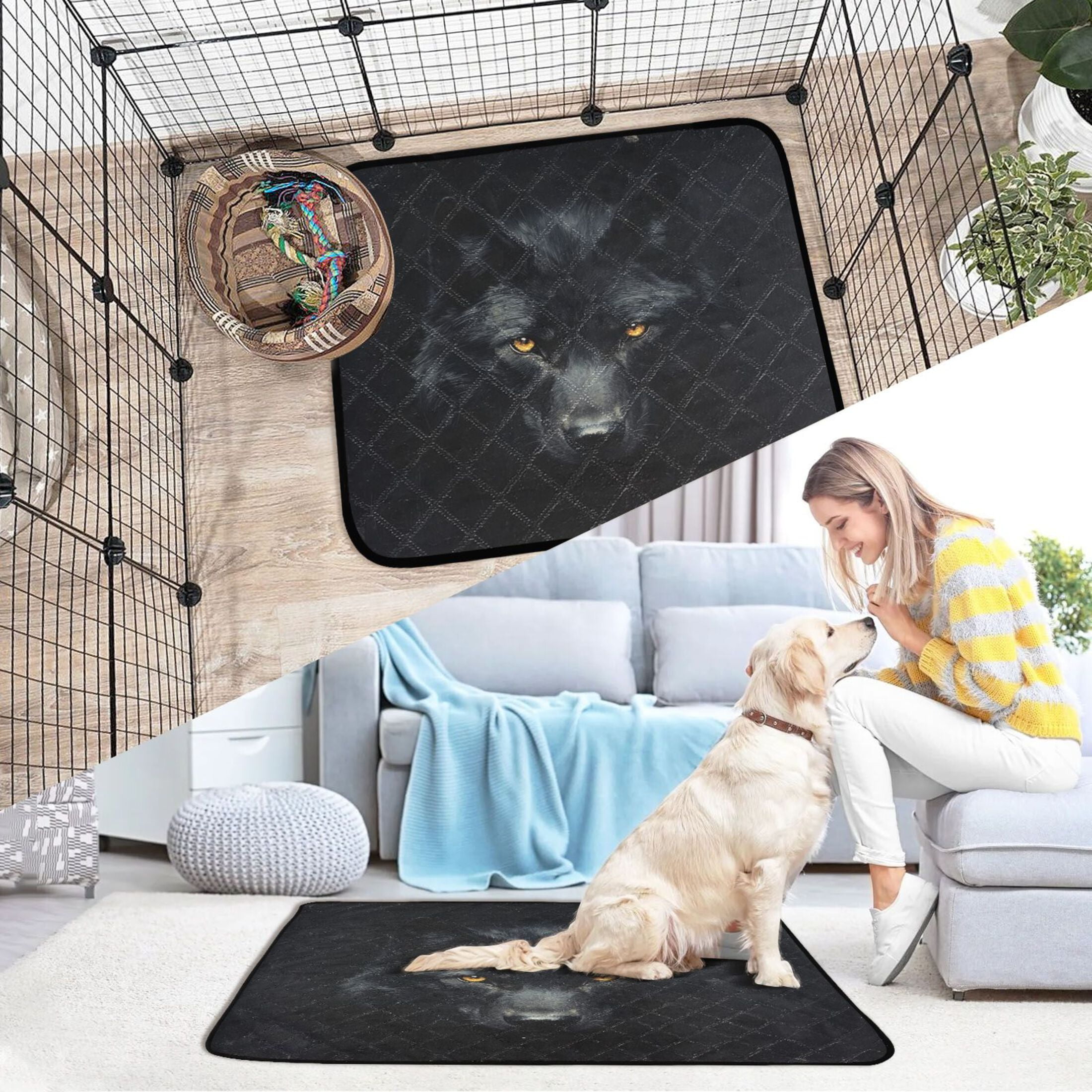 Qxltty Dark Wolf Face Cat litter Pads Pet Set of 2 Diaper Mats Center Anti-leakage Layer Absorbent Soft and Comfortable