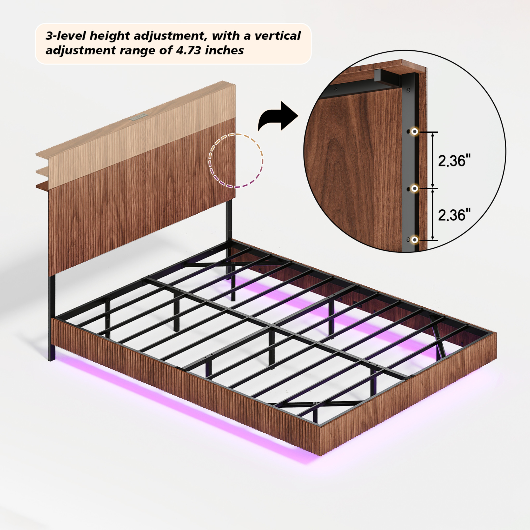 Noble House Modern Queen Floating Bed Frame with Charging Station, LED Lights & Wavy Headboard, Walnut
