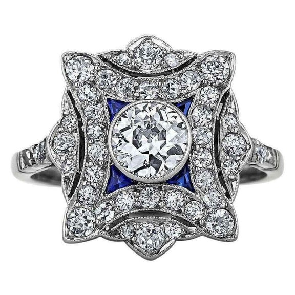 Women's Bezel Set Engagement Ring, Art Deco Halo Diamond Wedding Ring, Vintage Blue Sapphire Anniversary Ring, Milgrain Accents daily Wear Diamond Ring For Her, 2.2 Ct Simulated Round Cut Diamond, 14K White Gold Plated
