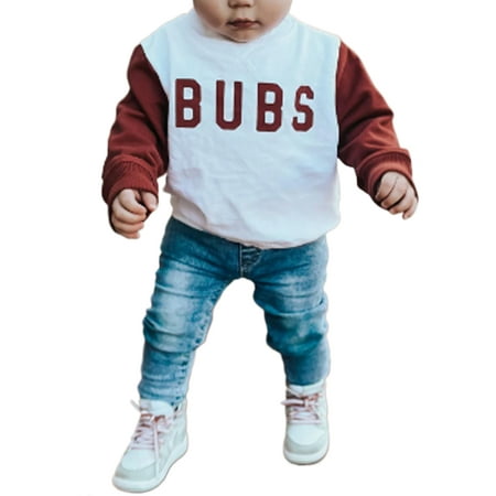 

Unisex Baby Long Sleeve Romper Letter Print Patchwork Outfits Pullover Casual Tops