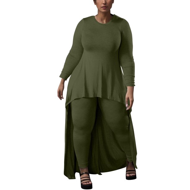 Gibobby Conjunto de Pantalones para Mujer Conjunto de pantalones con dobladillo irregular informal de manga larga con cuello redondo de color liso para mujer(AG,G)
