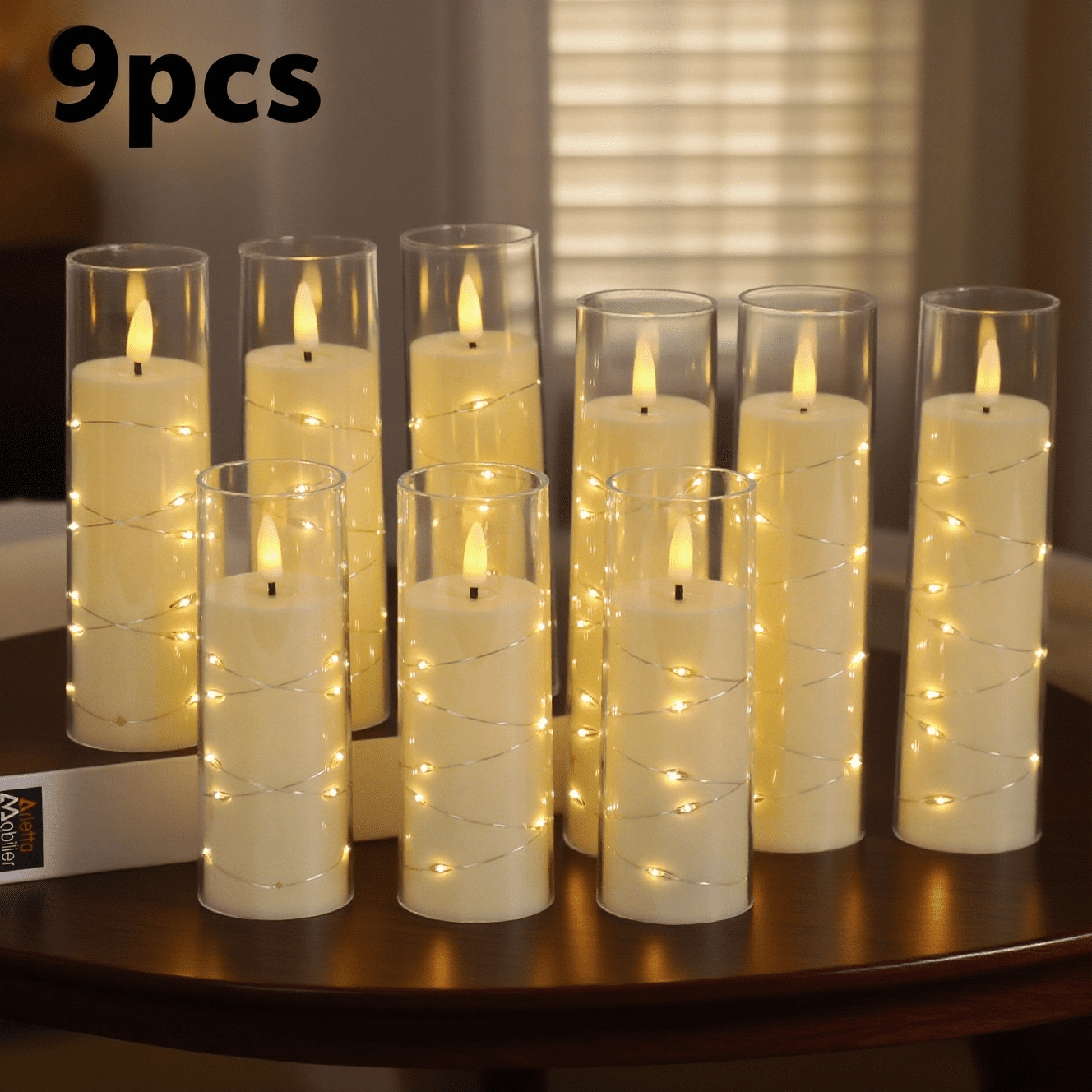 Flameless LED Pillar Candles (9 Pcs) – Embedded Star String, Battery Operated with Remote & Timer, White – Perfect for Home/Party/Wedding
