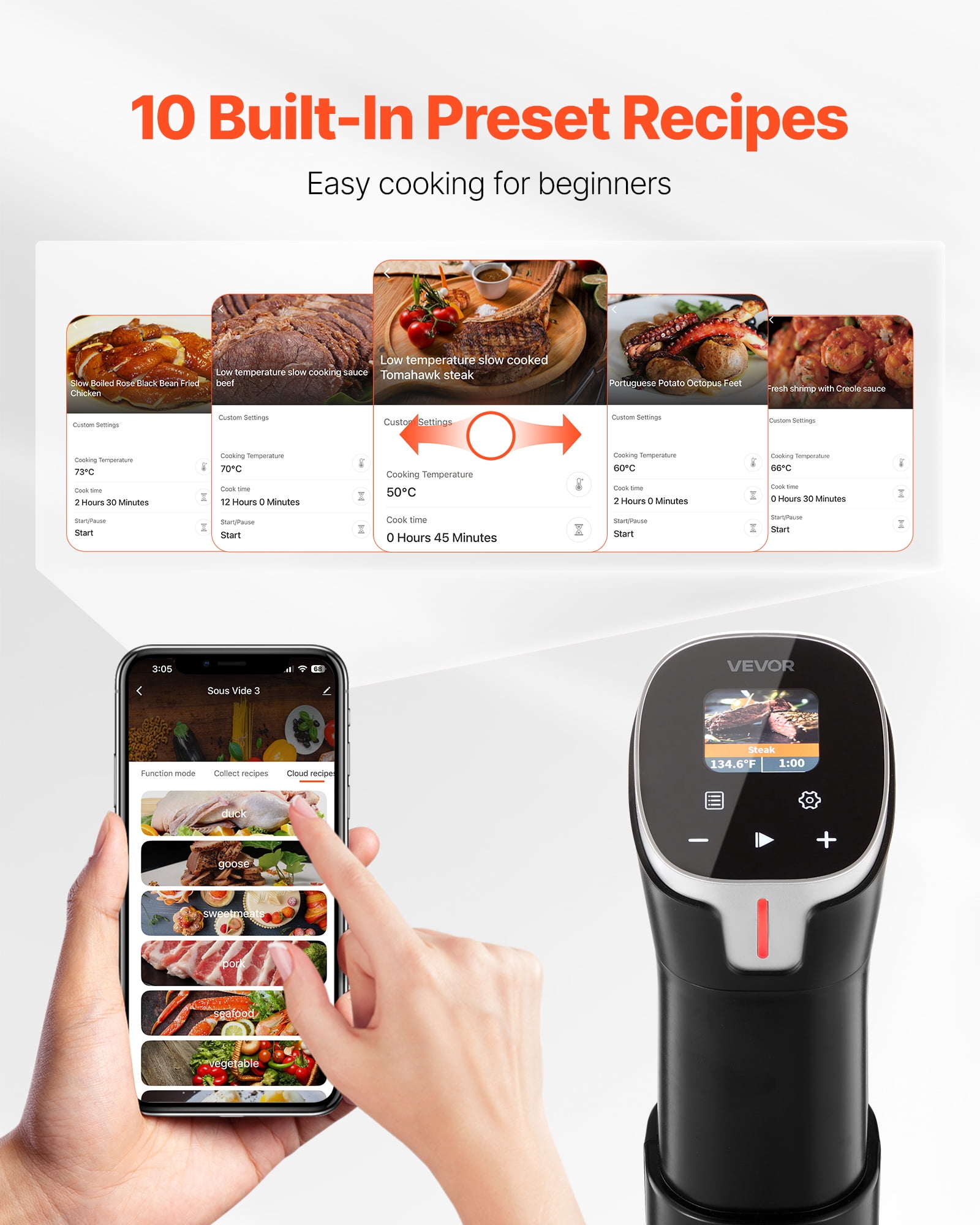VEVOR Sous Vide Precision Cooker, 1100W Sous-Vide Cooking Machine, WIFI Immersion Circulator with 10 Preset Recipes, LCD Touchscreen, Fast-Heating, Accurate Temperature & Timer, App Control