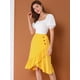 thumbnail image 4 of Falda asimétrica con dobladillo con volantes de color sólido y cintura alta con decoración de botones para mujer Amarillo XS, 4 of 6
