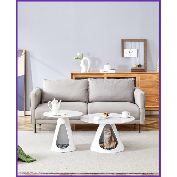 Set of 2 Space-Saving Coffee Tables with Cat Beds, Marble-Look Top & Steel Base for Living Room