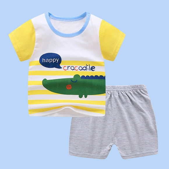 LSLJS Toddler Baby Boy Clothes Shorts Set Cartoon Print Pattern Shirt Short Sleeve Round Neck Shirts Solid Shorts Summer Outfit, Summer Savings Clearance