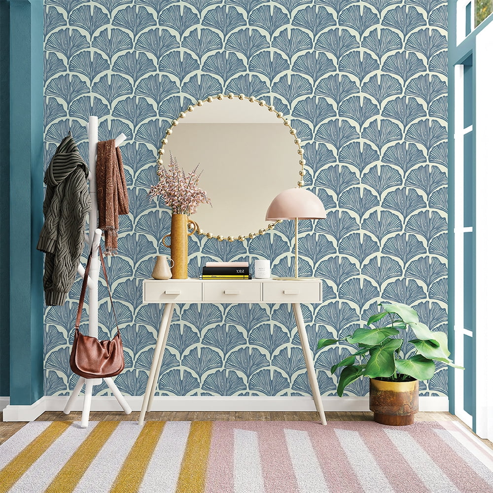 Tempaper x Novogratz Blue Feather Palm Peel and Stick Wallpaper, 20.5" x 9'