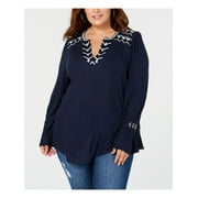 LUCKY BRAND Womens Navy Gathered Knit Long Sleeve V Neck Tunic Top 2X