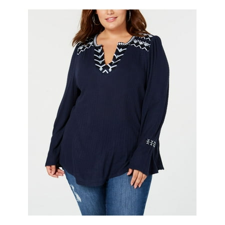 LUCKY BRAND Womens Navy Gathered Knit Long Sleeve V Neck Tunic Top 2X