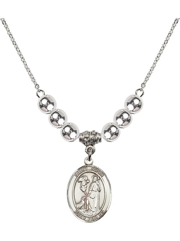 18-Inch Rhodium Plated Necklace with 6mm Zircon Birthstone Beads and Sterling Silver Saint Roch Charm. 