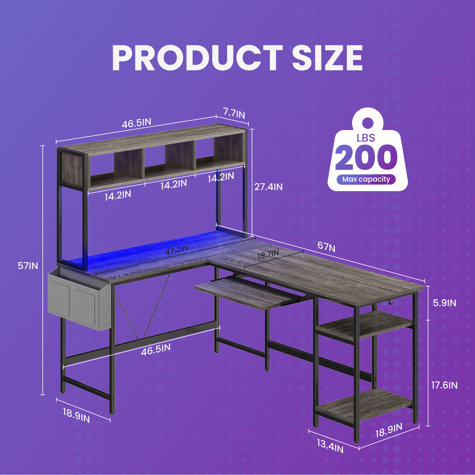 CONCETTA 67" Modern L-Shaped Gaming Desk with LED Lights and Power Outlets, Computer Desk with Drawer, Keyboard Tray for Monitors, Black