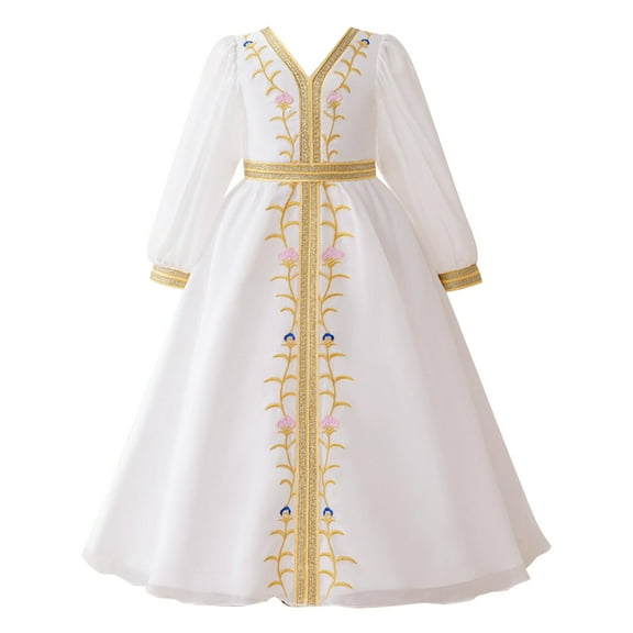 Ydojg Toddler Girls Dresses Summer Dubai Long Sleeve Embroidered Long Dress Gift For Girl White 3-4 Years
