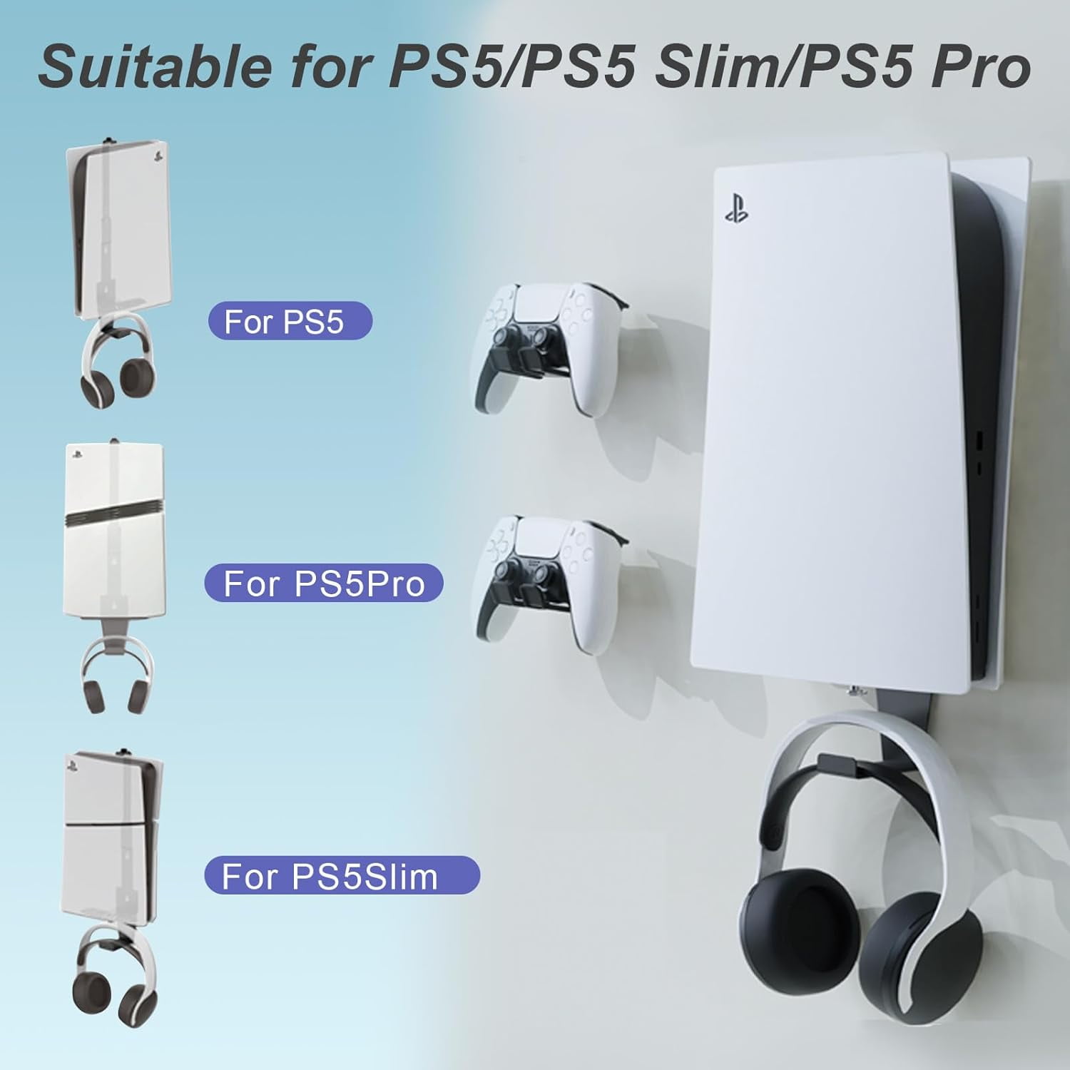 PS5 Wall Mount, Heavy-Duty Steel Mount Kit for Protection & Cooling with 2 Controller Holder and Headset Holder,Compatible with All PS5 Models Including Slim, Pro, Original, Black