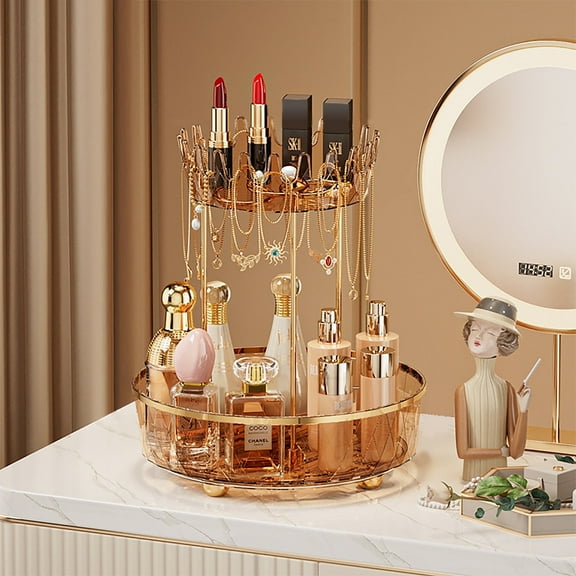Garmic 360° Rotating Makeup Organizer, 2-Tier Cosmetic Holder Shelf Bathroom Organizer Spinning Perfume Organizers, Skincare Organizers Makeup Carousel Cosmetic Storage for Vanity, Countertop, Amber