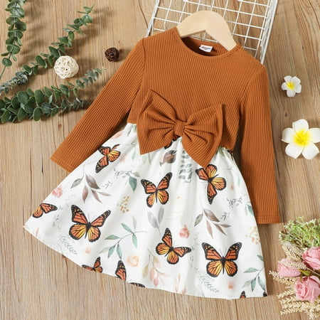

PatPat Toddler Girls Splicing Bowknot Midi Swing Dress Ribbed Top Butterfly Print A Line Skirt Knee Length Flower Girls Wedding Dress Casual Fall Outfit Clothes 1-6T