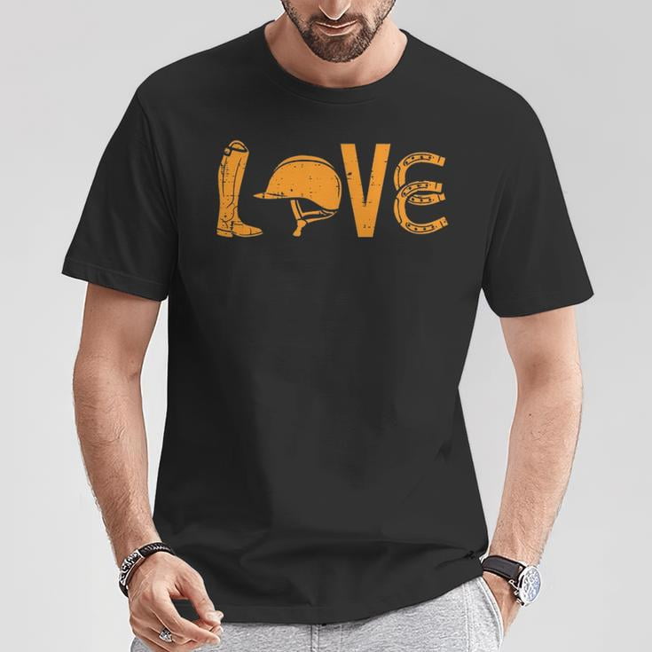 Boots Helmet Horseshoe Love Graphic Tee Unisex Adult Cotton Horse Riding Equestrian Lover Design T-Shirt for Outdoor Farm Casual Wear, Size 4XL, Color Black