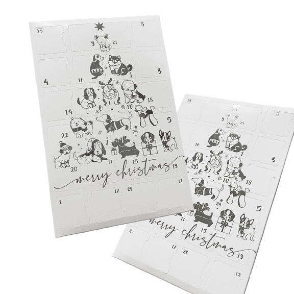 Made in USA - 10 Sets - Boxes & Trays - Fillable (Empty) advent calendar boxes with food safe insert trays - Fill with your treats - Silver Metallic Dog Tree Design
