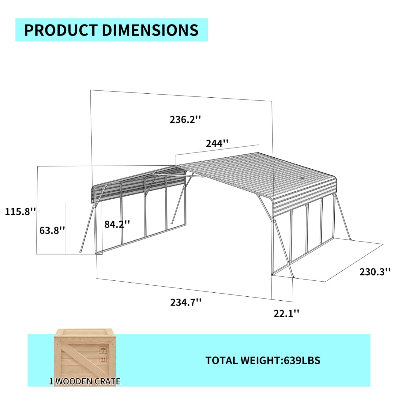 20x20FT Heavy-Duty Metal Carport with Galvanized Steel Roof – Weatherproof Shelter for Cars, Trucks & Boats, Wind and Snow Resistant, Reinforced Steel Frame