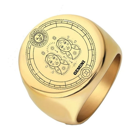 PAMTIER Men's Women's Stainless Steel High Polished Wedding Band 12 Constellations Horoscope Zodiac Signs Round Ring Gold Gemini Size 8