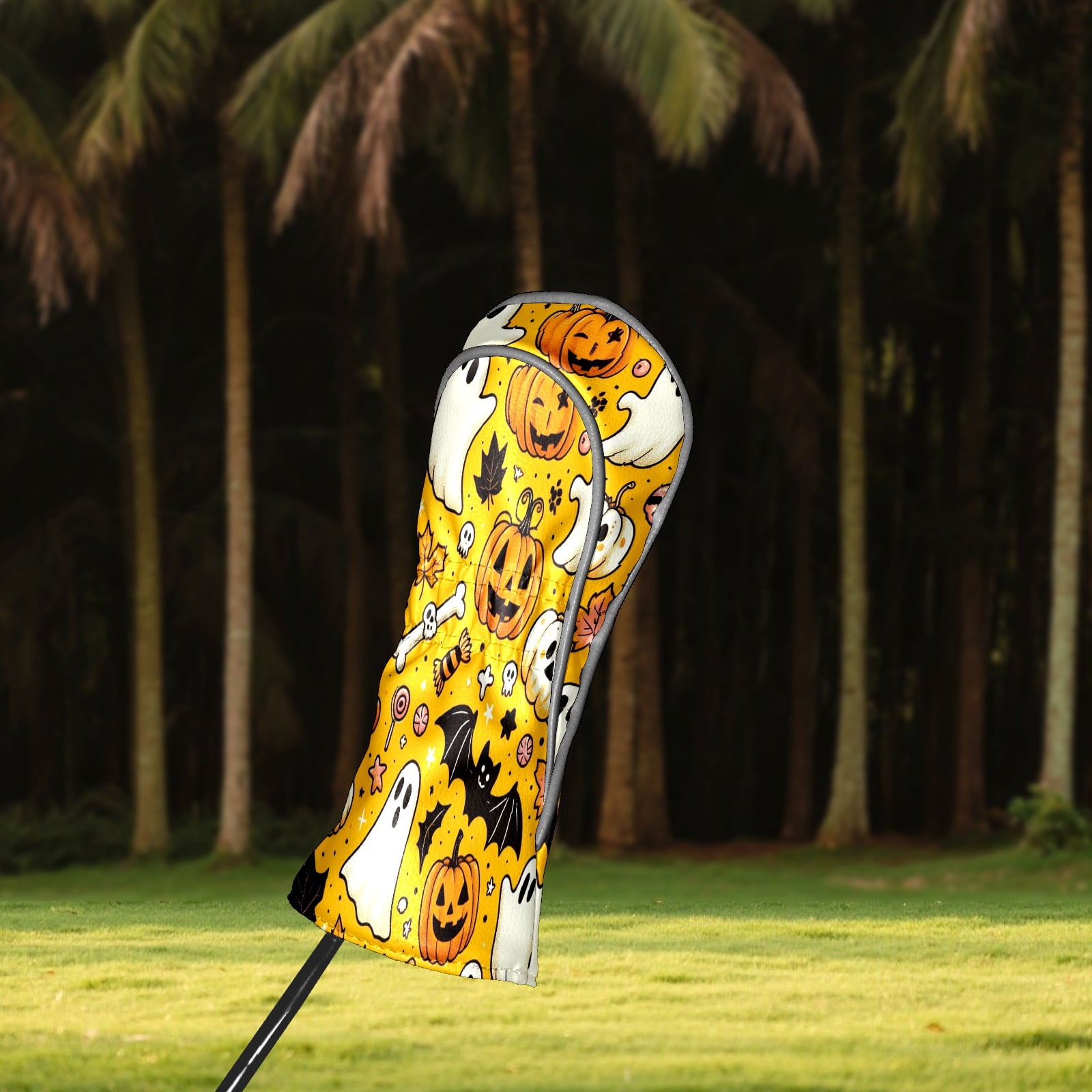 Golf Club Covers, Yellow Ghost Pumpkin Premium PU Leather Driver Hybrid Putter Head Covers with Velvet Lining, Waterproof Golf Gifts for Men Women