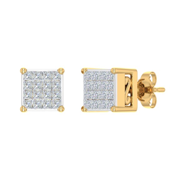 10K Yellow Gold Princess cut Diamond Square Cluster Stud Earrings (3/4 Carat)