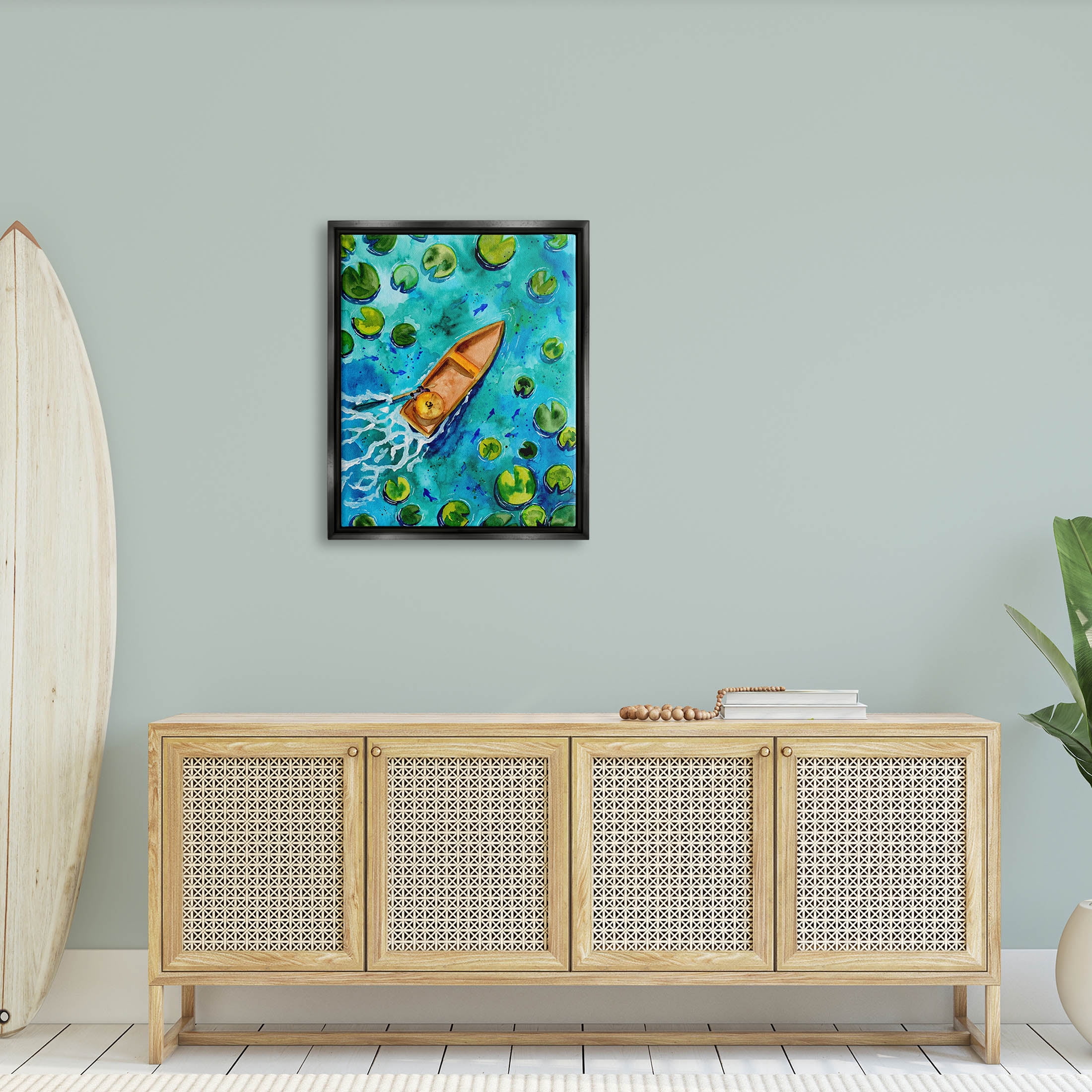 Pond Lilies Lake Boat Splash Transportation Painting Jet Black Framed Art Print Wall Art