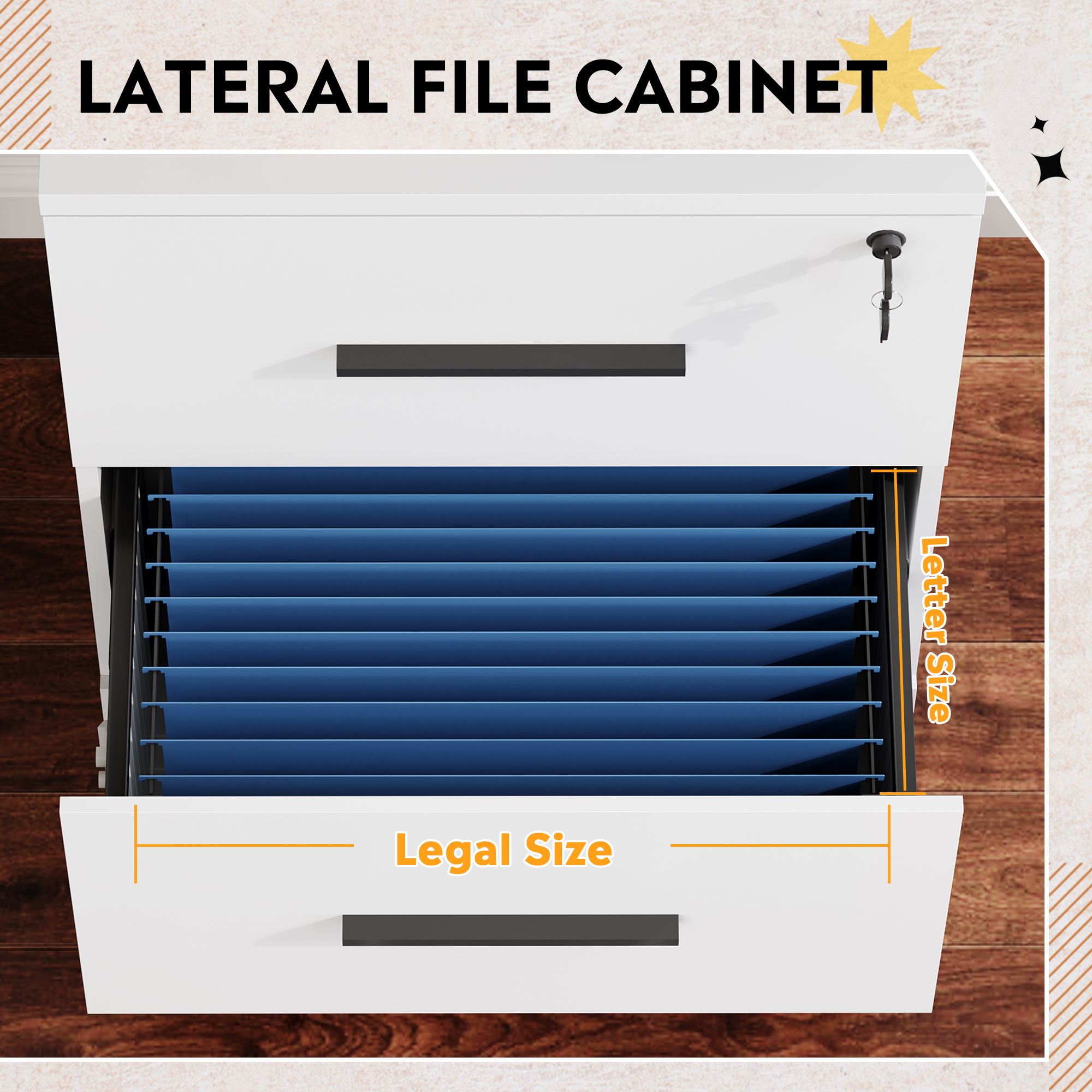 GALAXHERO 2-Drawer Lateral File Cabinet, Wide Wood Cabinets for Home Office with Lock for Home Office, Anti-tilt function, Fits Legal/Letter Size, White