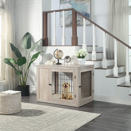 UPC: 0659252974449 | Unipaws Dog Crate Furniture Style Wooden Wire Dog Kennel with Cushion  Large