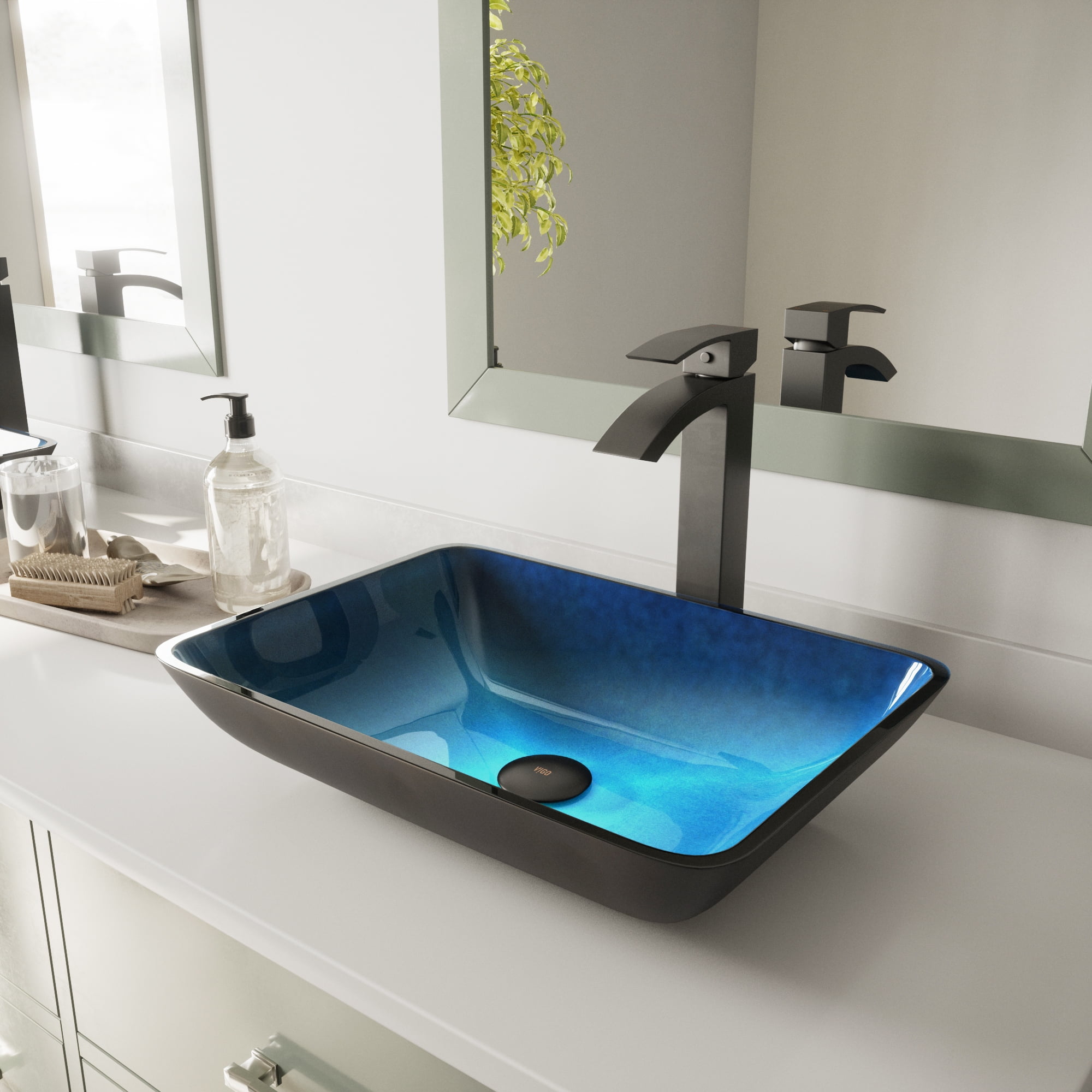 VIGO Donatello Turquoise Blue Glass 18 in. L x 13 in. W x 4 in. H Rectangular Vessel Bathroom Sink