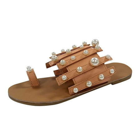 

SEMIMAY Pearl Flat Roman Sandals Beach For Women Girls Sandals Casual Slippers Shoes Women s casual shoes