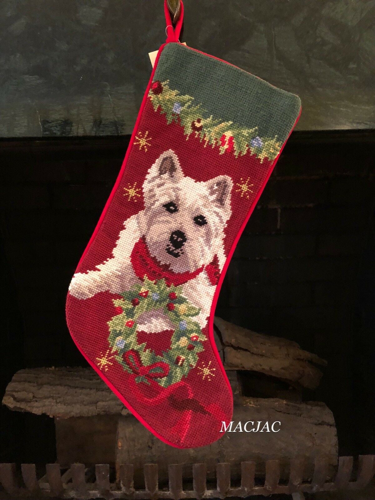 Westie Dog Needlepoint Christmas Stocking NWT