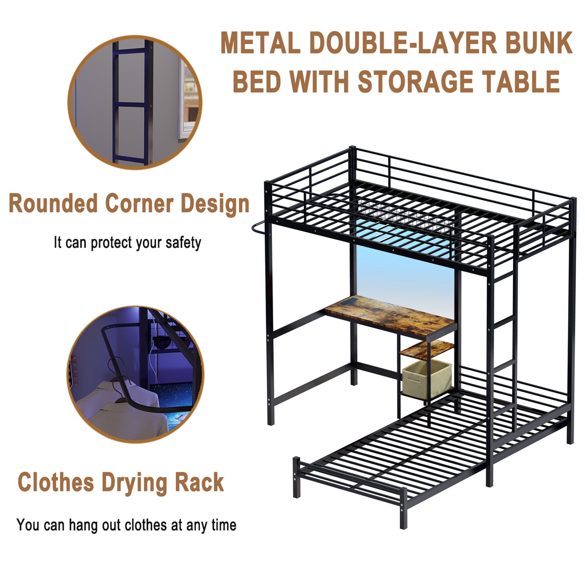 Aukfa Twin over Twin Bunk Bed with Desk, LED Light & Storage Shelves, L-Shaped Metal Bunk Bed for Teens & Kids, Black