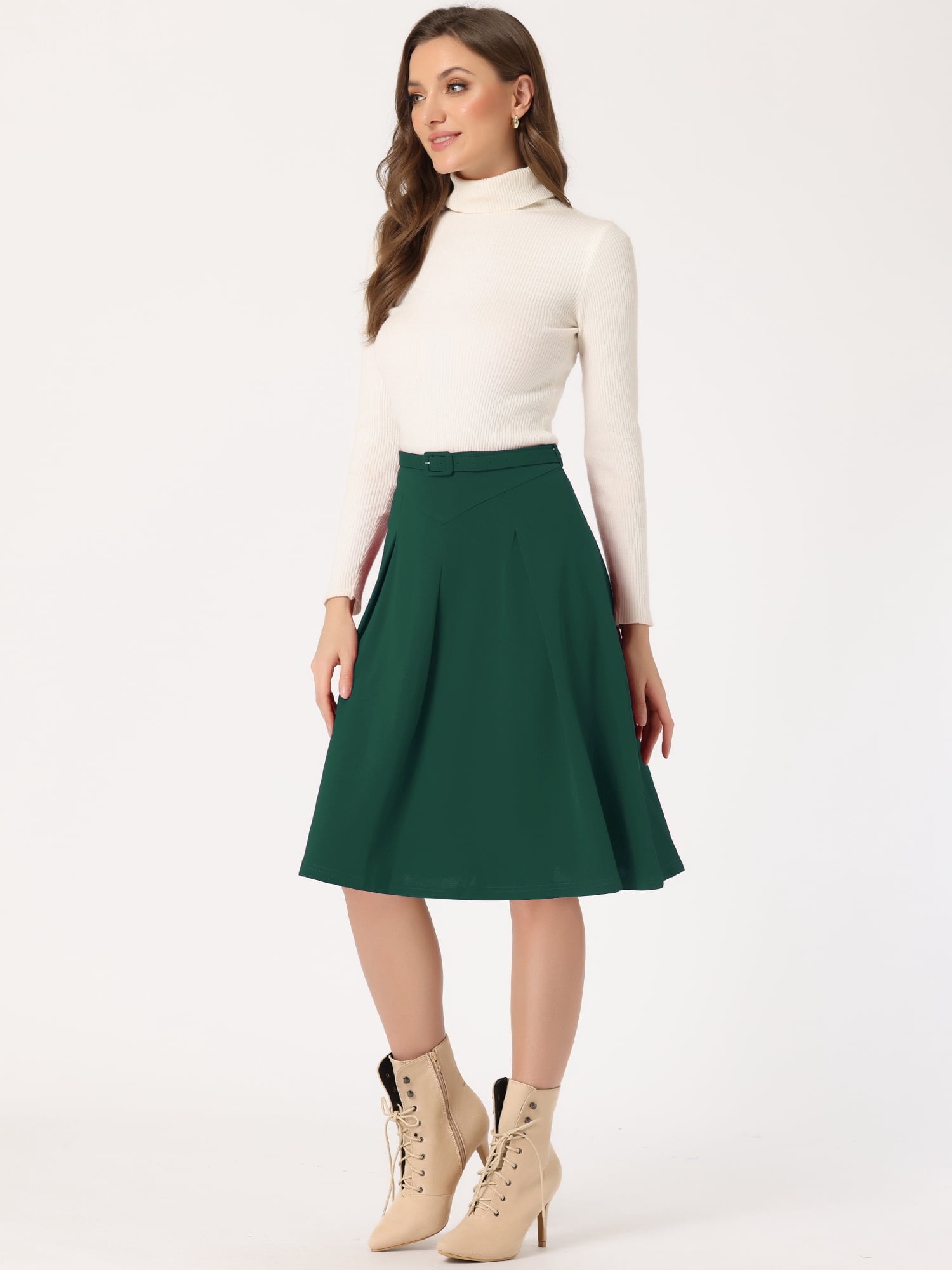 DARING DIVA Women's Casual Belted Waist Pleated Skater Short Skirts L Dark Green