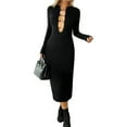 thumbnail image 3 of Vestido Midi de Punto Acanalado de Larga, Estilo Suéter Ajustado con Aberturas, Ideal para Ocasiones Formales, Bodas, Invitadas y Otoño Negro L, 3 of 9