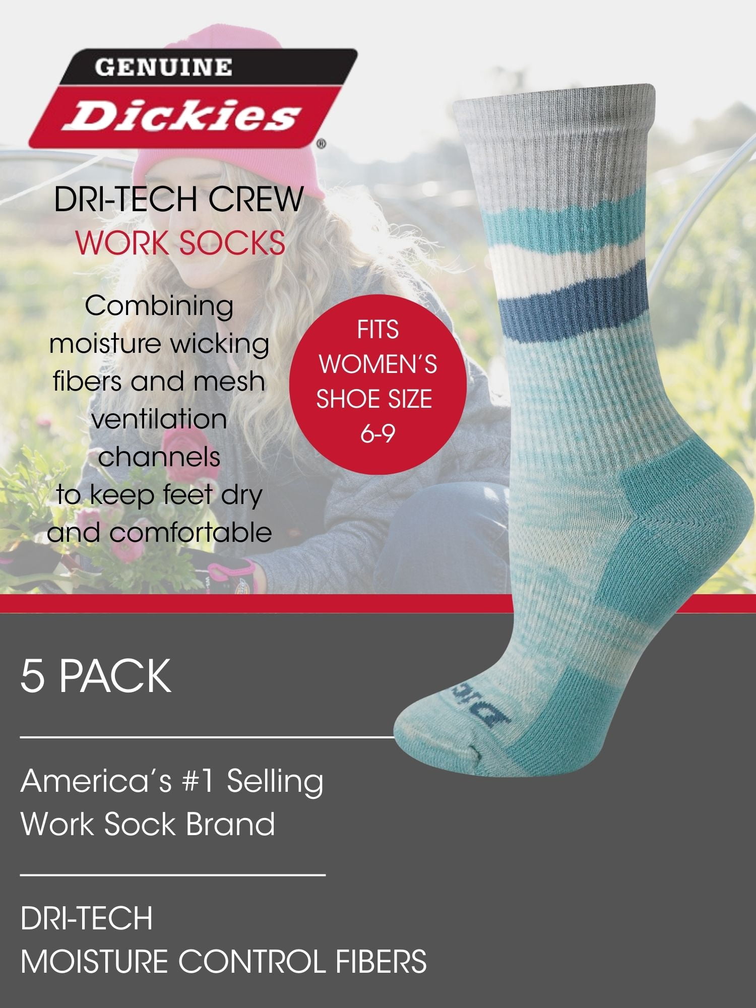 Genuine Dickies Women's Dri-Tech Mtn Crew Socks, 5-Pack