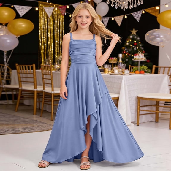ZHOGXU Kids Girls Summer Dress Sleeveless Spaghetti Strap Solid Color Ruffled Tiered Hem Comfortable Fashion Dresses For Casual Daily Wear,Blue,6-7 Years