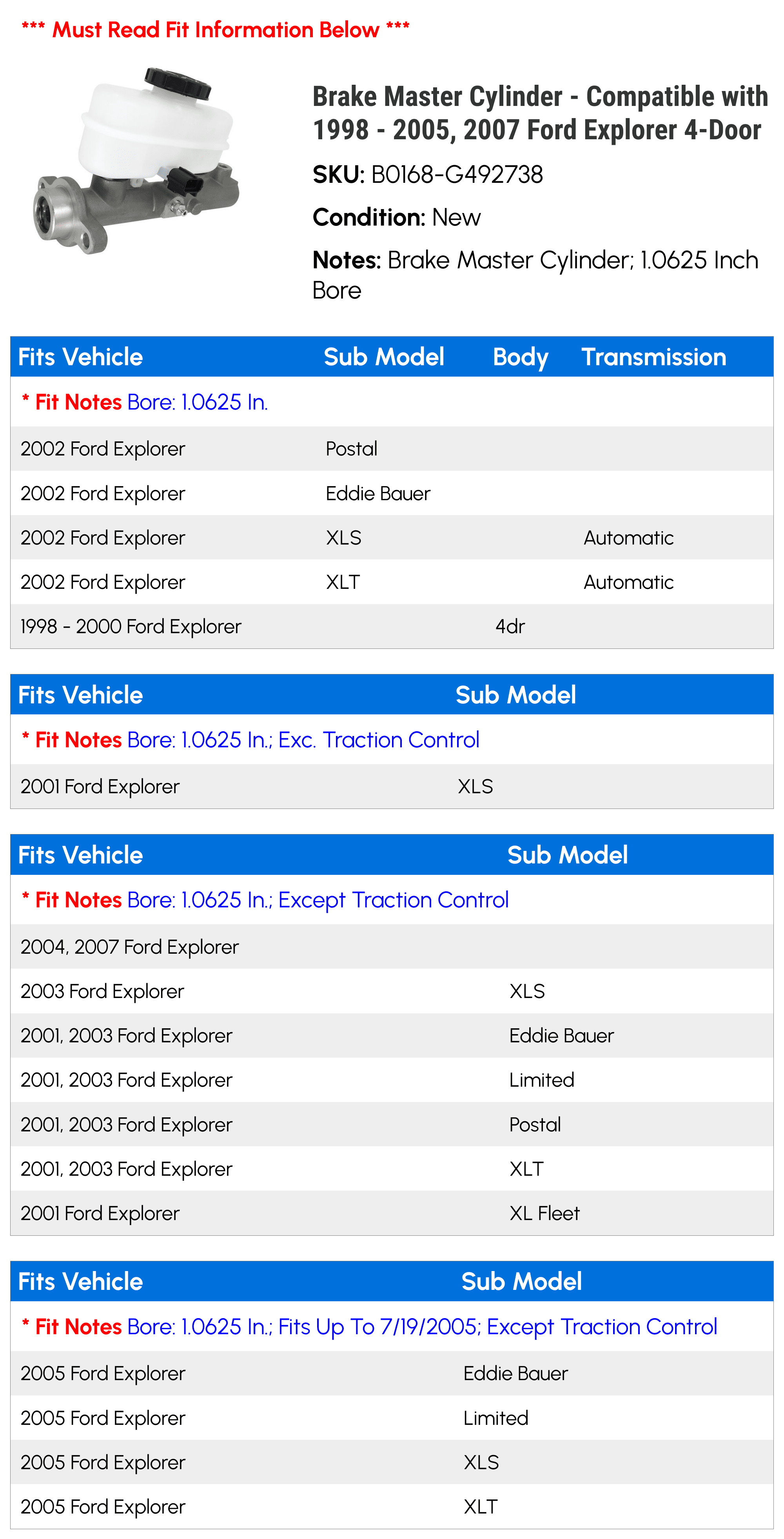 Brake Master Cylinder - Compatible with 1998 - 2005, 2007 Ford Explorer 4-Door 1999 2000 2001 2002 2003 2004