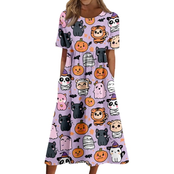 Domzest Womens Halloween Print Dress Short Sleeve Loose Fit Midi Dress Halloween Pumpkin Graphic Cute Dresses with Pockets Light Purple 2XL