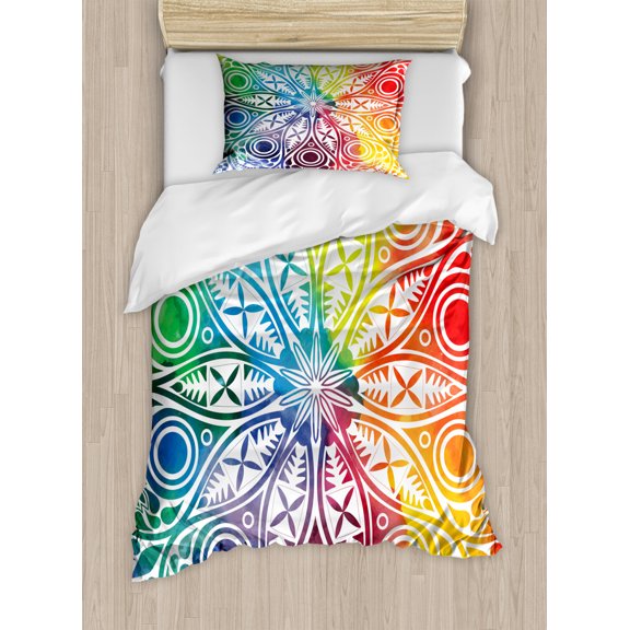 Mandala Duvet Cover Set Twin Size, Oriental Meditation Circle with Flower Leaves Esoteric Persian Rainbow Colors, Decorative 2 Piece Bedding Set with 1 Pillow Sham, Multicolor, by Ambesonne