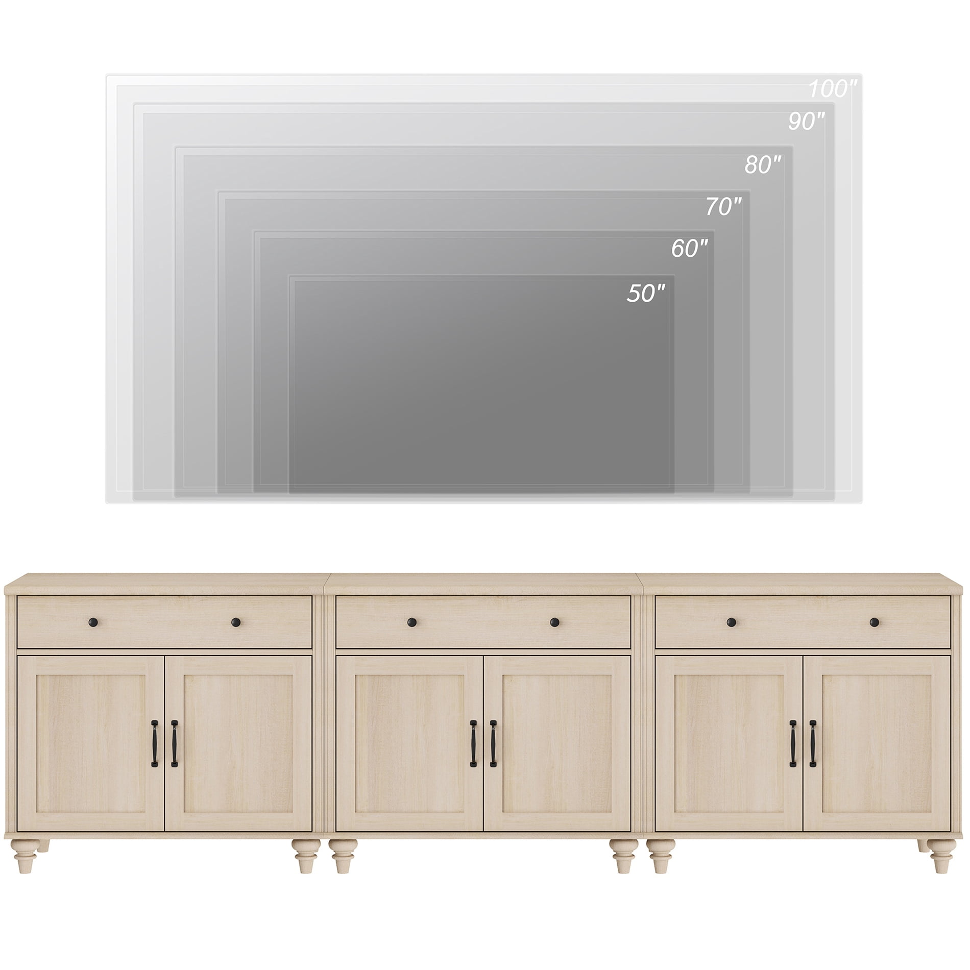 Beige Farmhouse TV Stand for 85 inch TV with Drawers & Doors