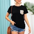 thumbnail image 3 of Blusa de manga corta con cuello redondo y bolsillo con lentejuelas, blusa tipo túnica informal para mujer, verano, negro, XXL, 3 of 5
