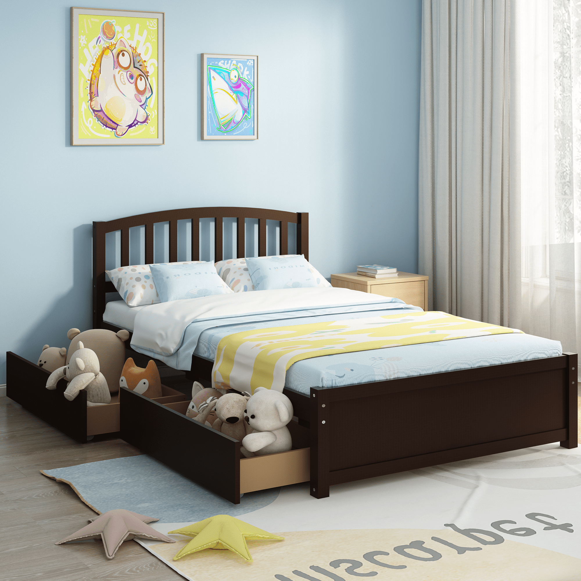 PAPROOS Wood Platform Bed with Storage, Twin Size Bed Frame with 2 Drawers, No Box Spring Needed, Espresso