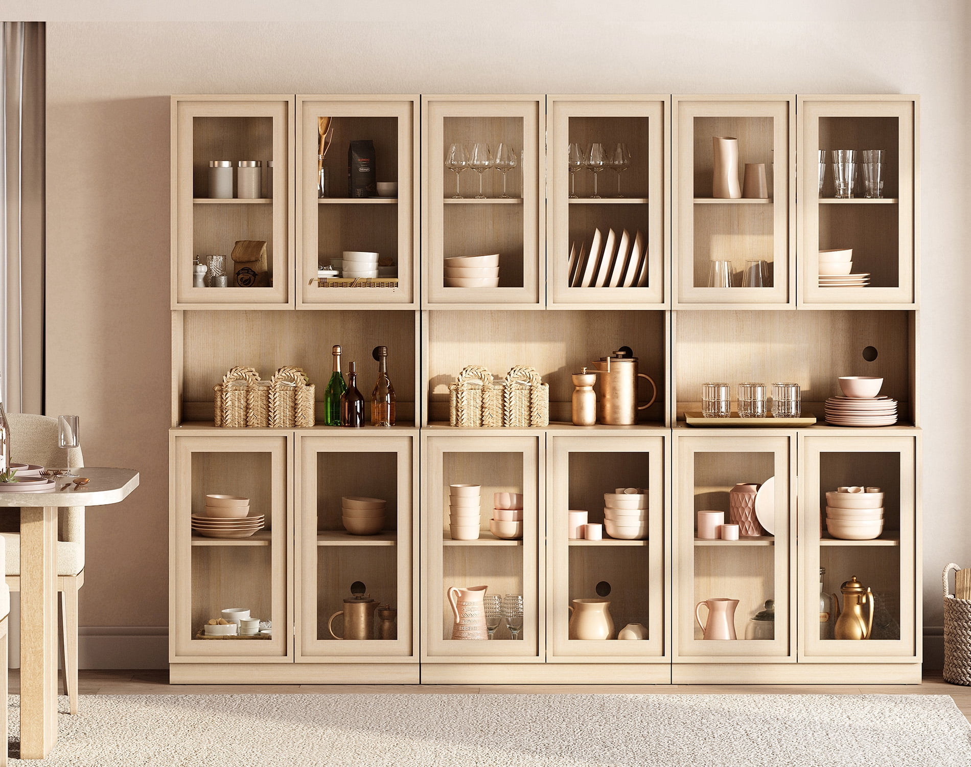 72" Tall Modern Sideboard Buffet Cabinet, Glass Door Storage Cabinet with Adjustable Shelves, Layered Wood Console Cabinet for Dining Room,Living Room, Entryway,Beige