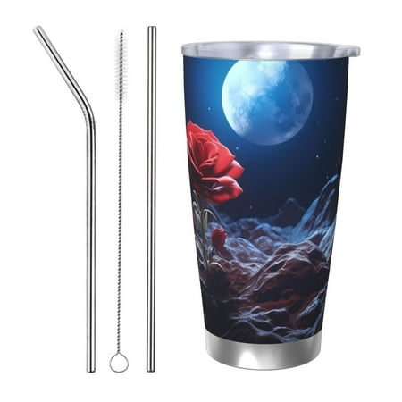 

Cauagu Artistic Moon Rose Pattern 20oz Tumbler Stainless Steel Vacuum Insulated Tumbler with Lid Durable Insulated Coffee Mug Thermal Cup with Splash Proof Sliding Lid-Straw Three-piece Set