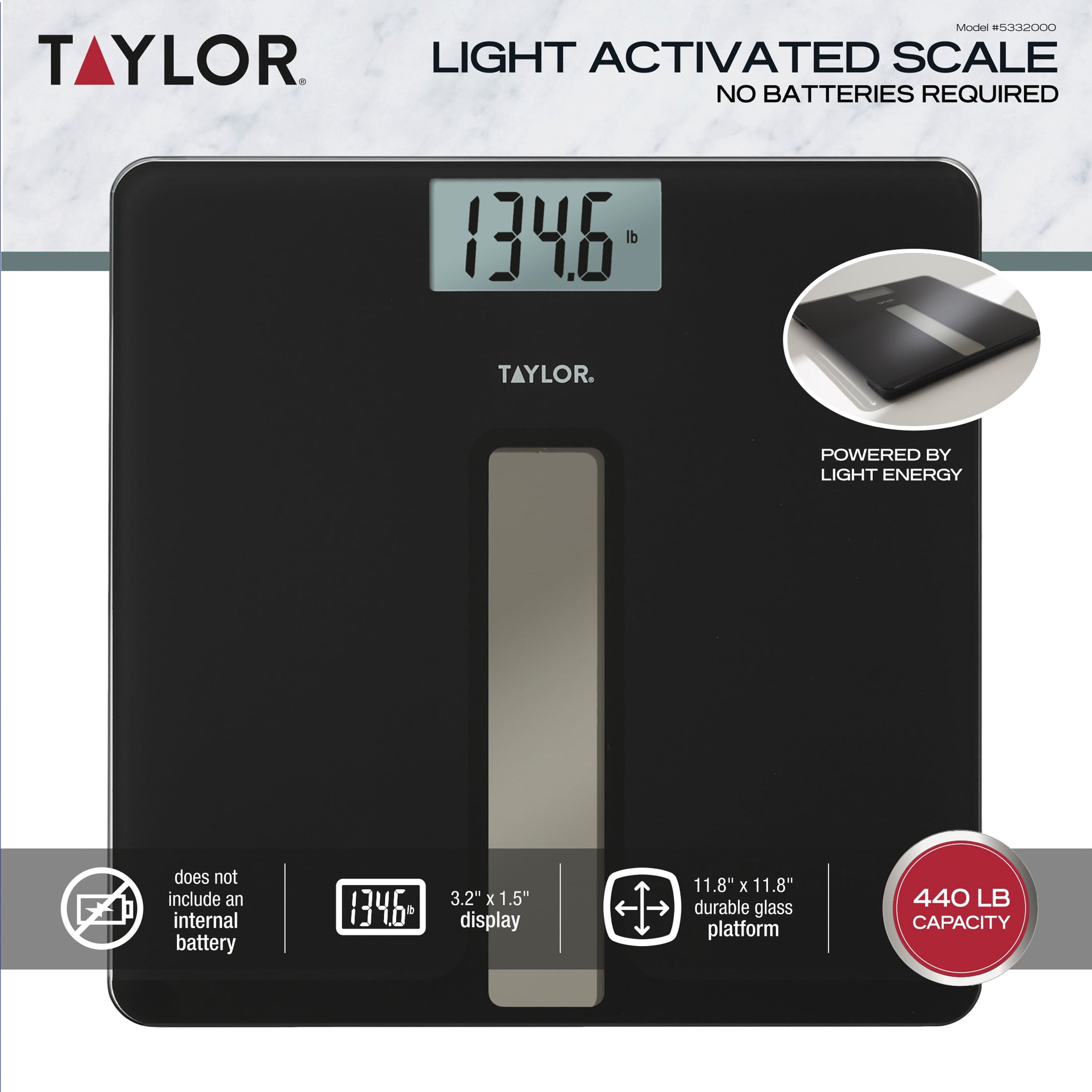 Taylor Light-Powered 11.8" x 11.8" Digital Bath Scale Black